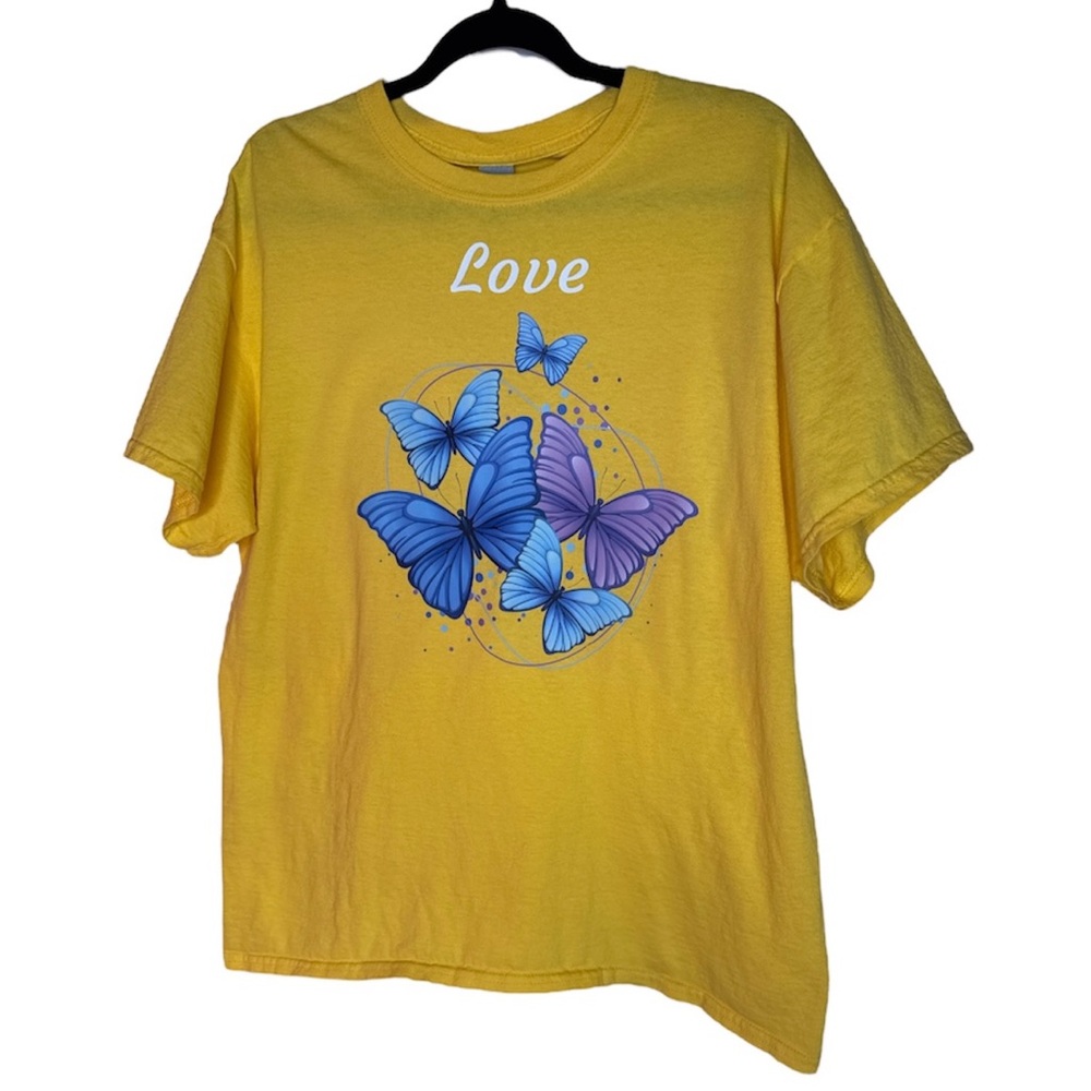 Handcrafted Love Butterflies Design T Shirt Yellow Blue and Purple
